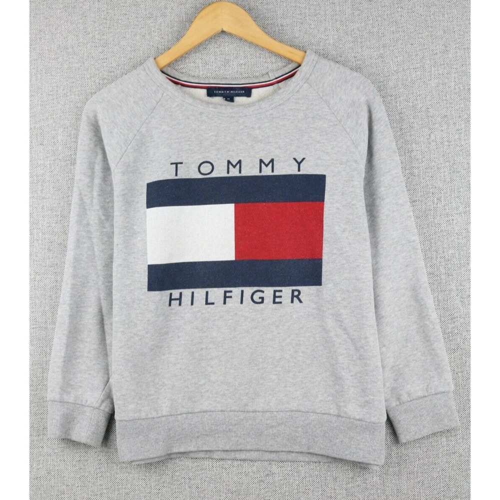 Tommy Hilfiger Womens Fleece Sweater Shirt Size Medium Grey Casual Pullover Crew